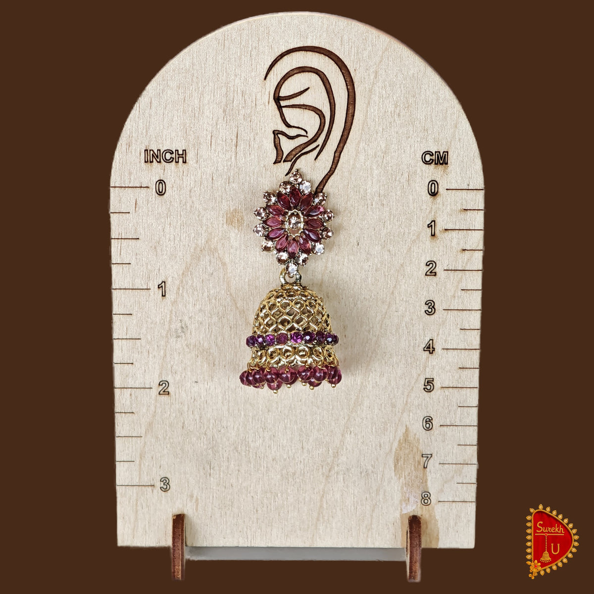 Wine Oval Rosegold Jaali Floral Jhumki