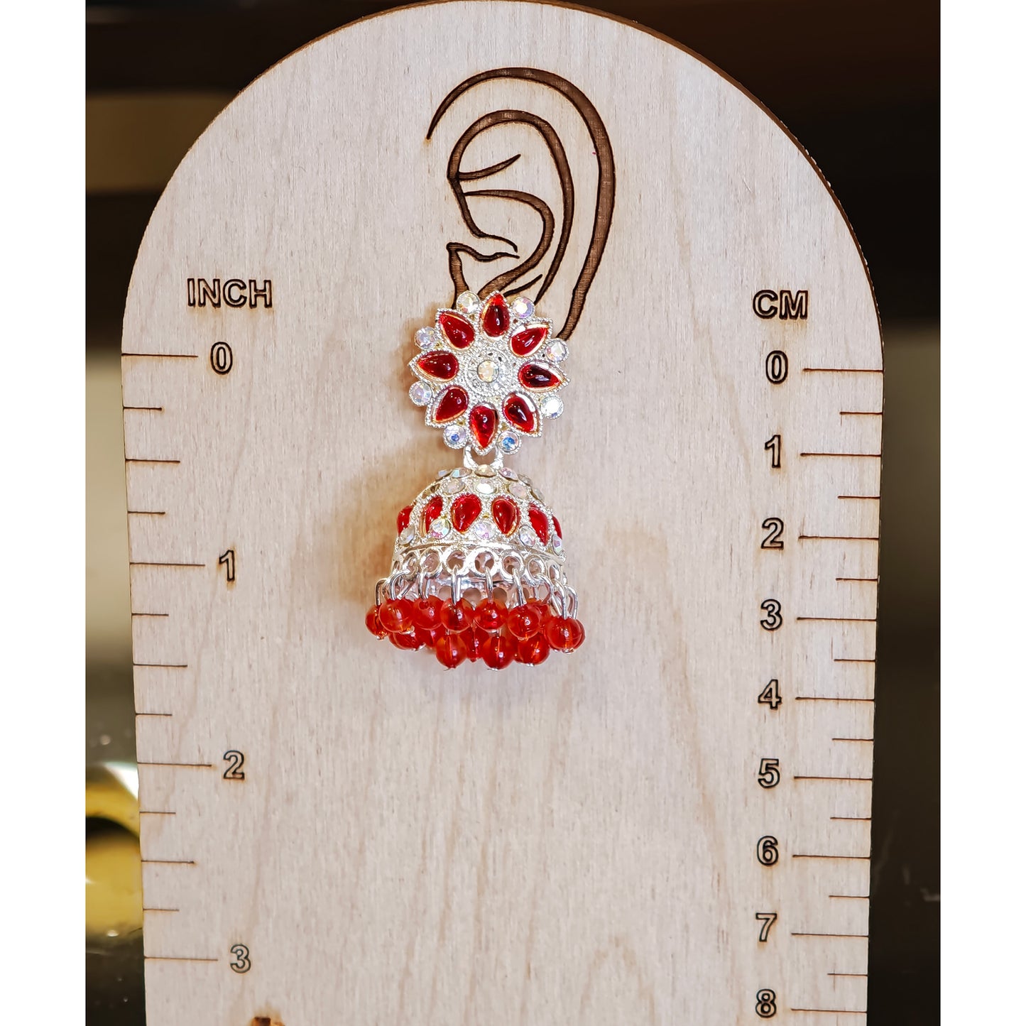 Cherry Red Silver Toned Floral Jhumki