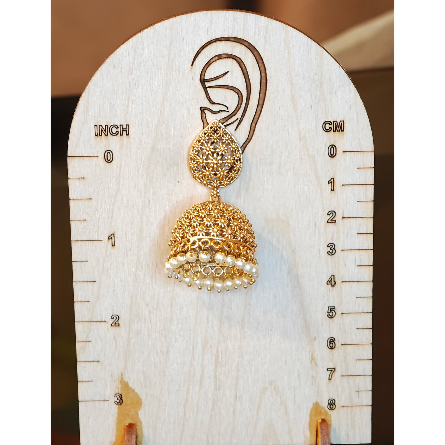 Floral Mesh Leaf shaped Golden Pearl Jhumki