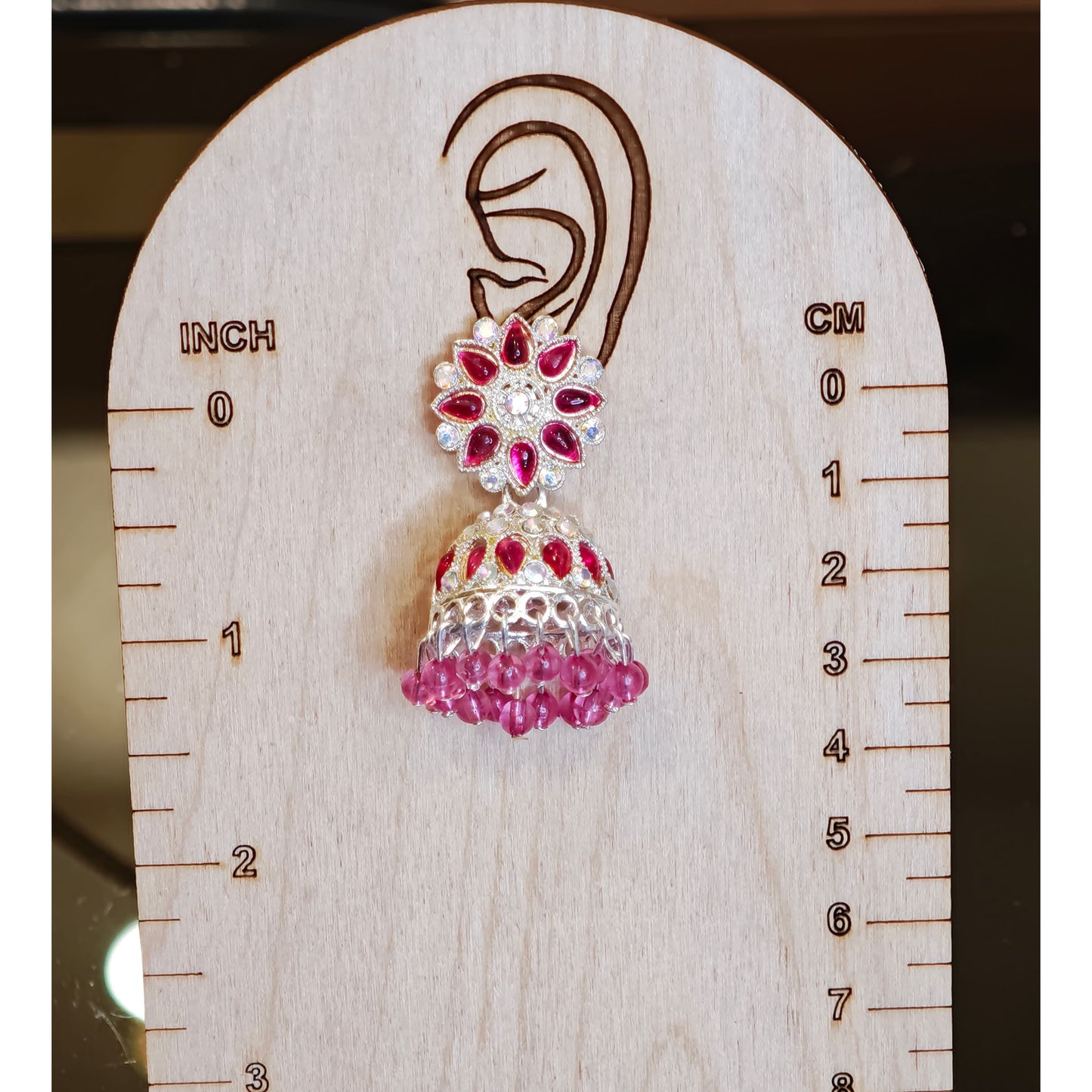 Rani Pink Silver Toned Floral Jhumki