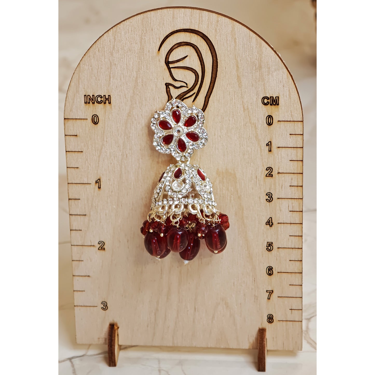 Red Floral Silver Toned Jhumki