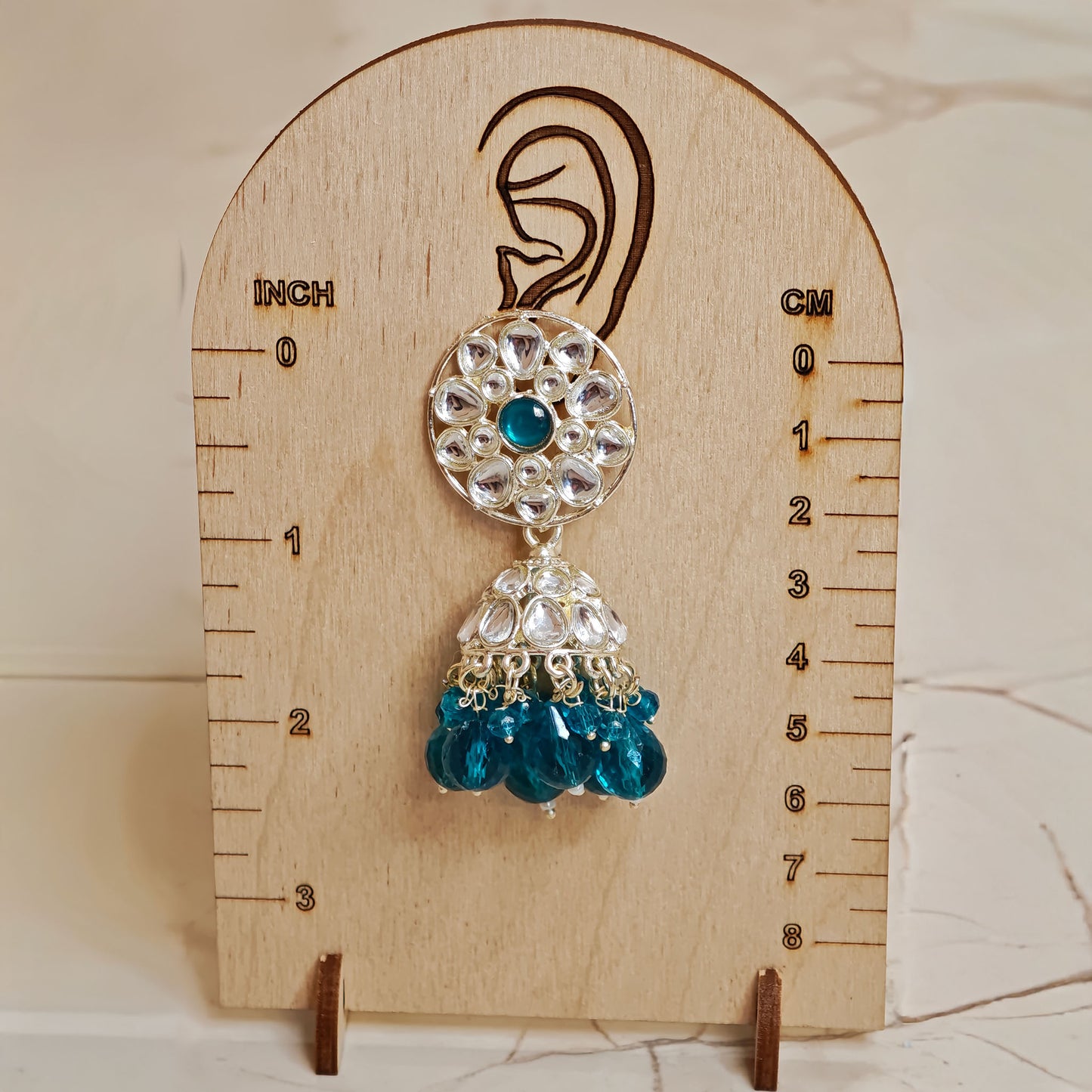 Turquoise Blue Floral Kundan Jhumki