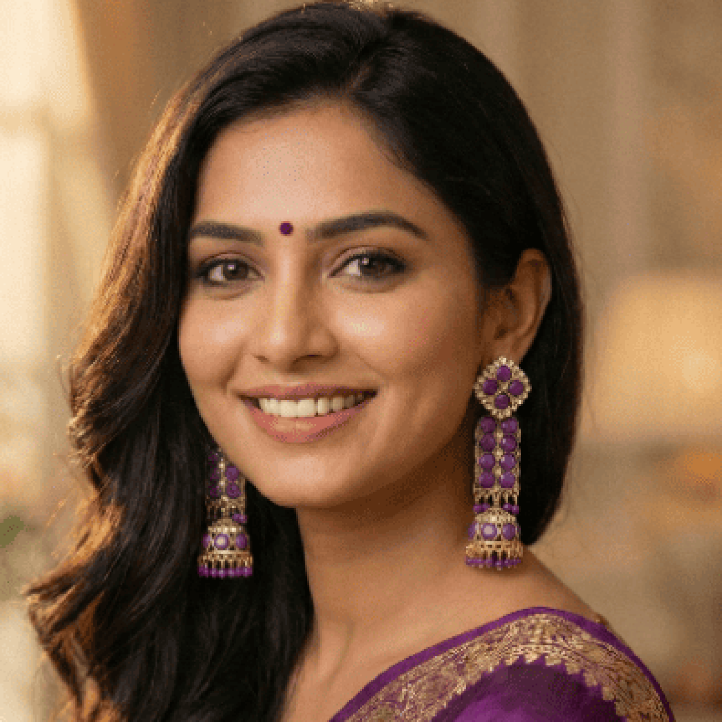 Woman wearing a purple saree with gold details and large earrings, set against a warm-toned background.