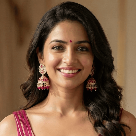 Rani Pink Silver Kundan Styled Stone Jhumki