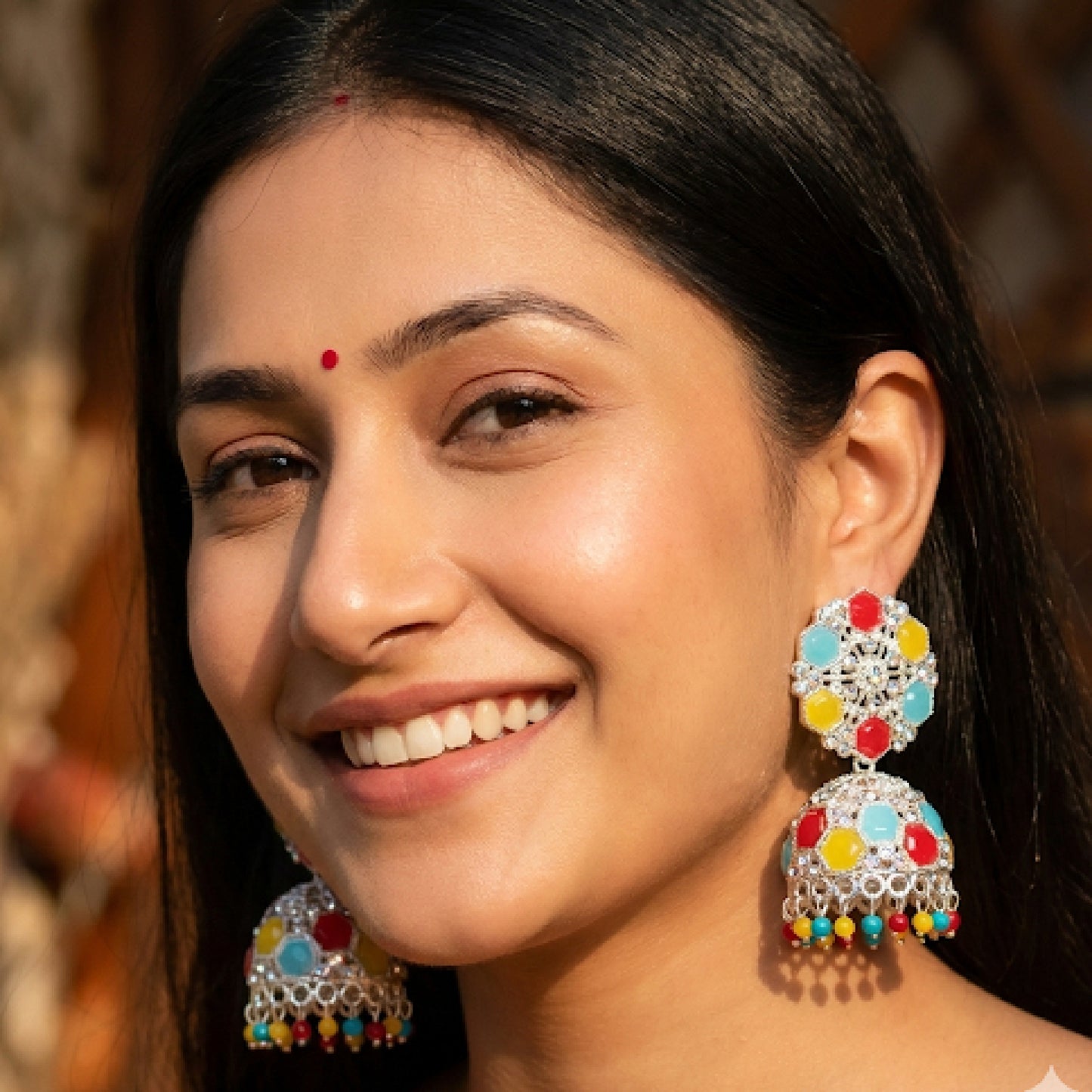 Multicoloured Silver Toned Floral Jhumki