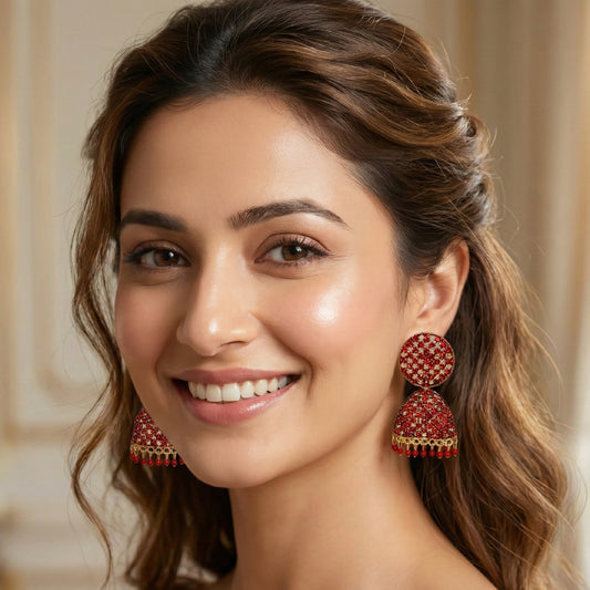 Red Stones Flat Domed Shaped Jhumki
