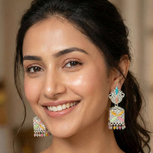 Pastel Silver Toned Square Jhumki