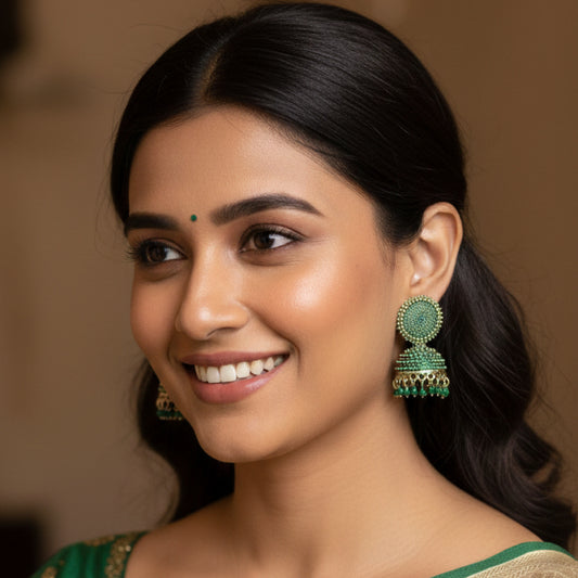 Bottle Green Golden Toned Disc Jhumki