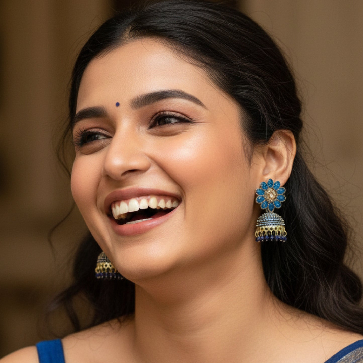Peacock Blue Floral Top Dome Jhumki