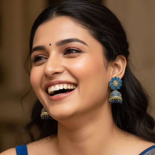 Peacock Blue Floral Top Dome Jhumki