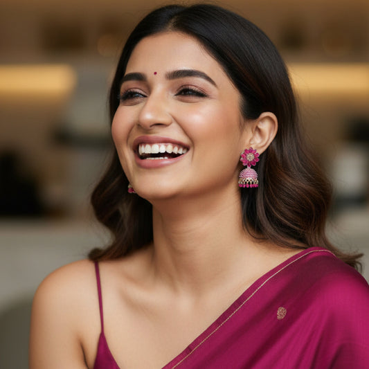 Rani Pink Floral Top Dome Jhumki