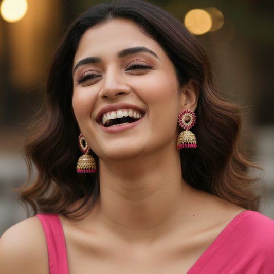 Rani Pink Floral Golden Jhumki