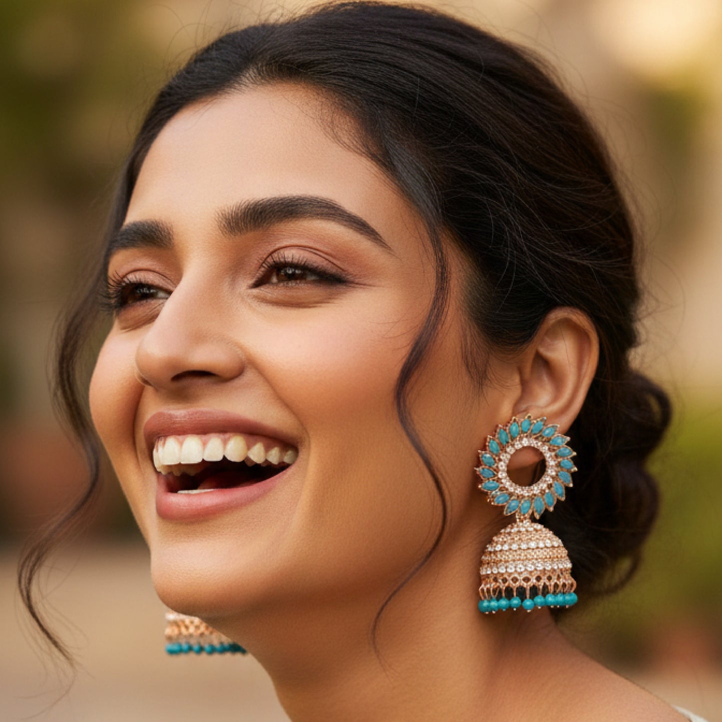 Sky Blue Floral Golden Jhumki
