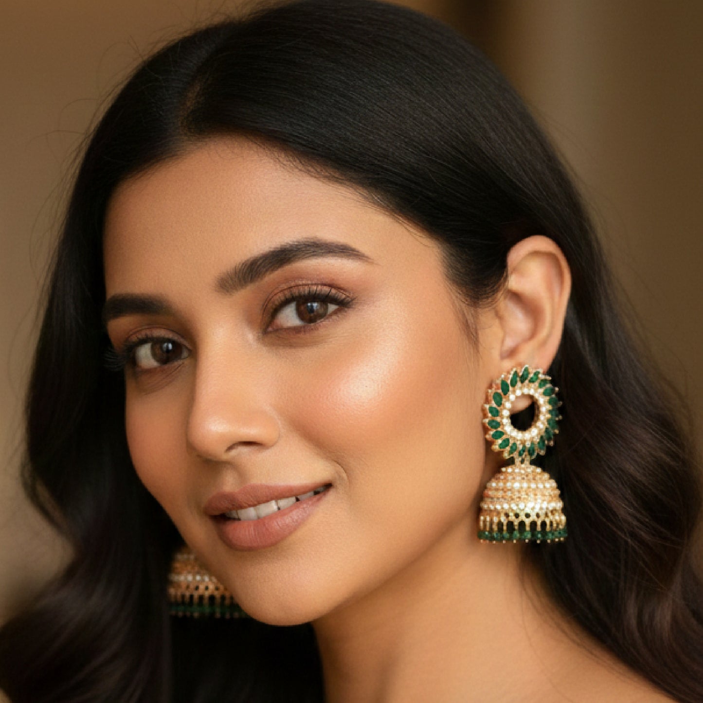 Bottle Green Floral Golden Jhumki