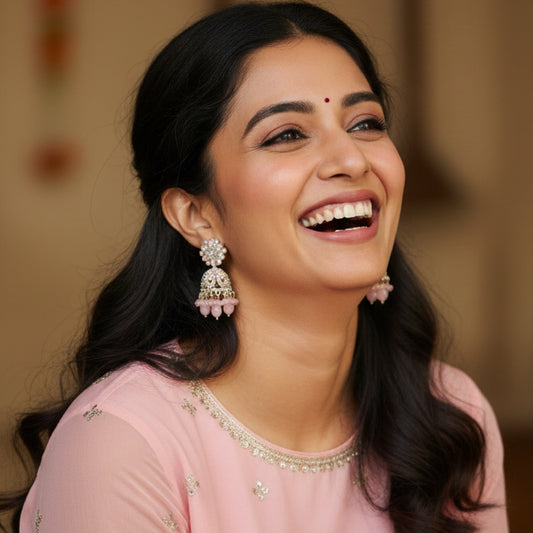 Baby Pink Silver Floral Jaali Jhumki