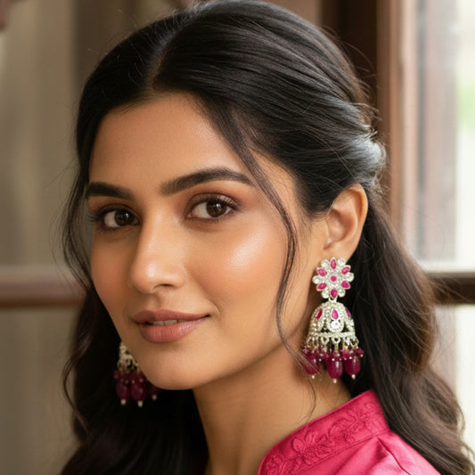 Rani Pink Silver Floral Jaali Jhumki