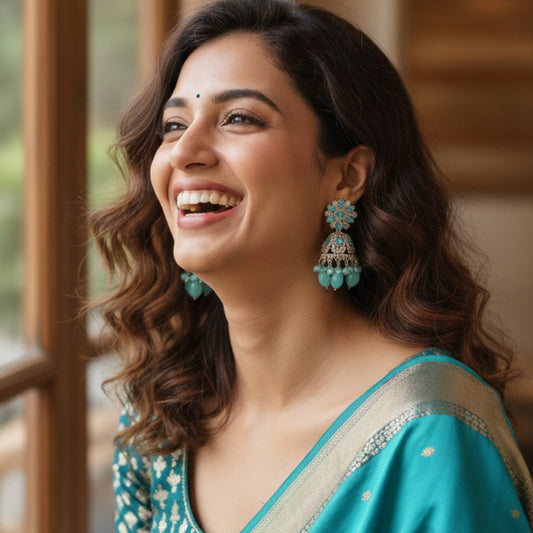 Turquoise Blue Silver Floral Jaali Jhumki