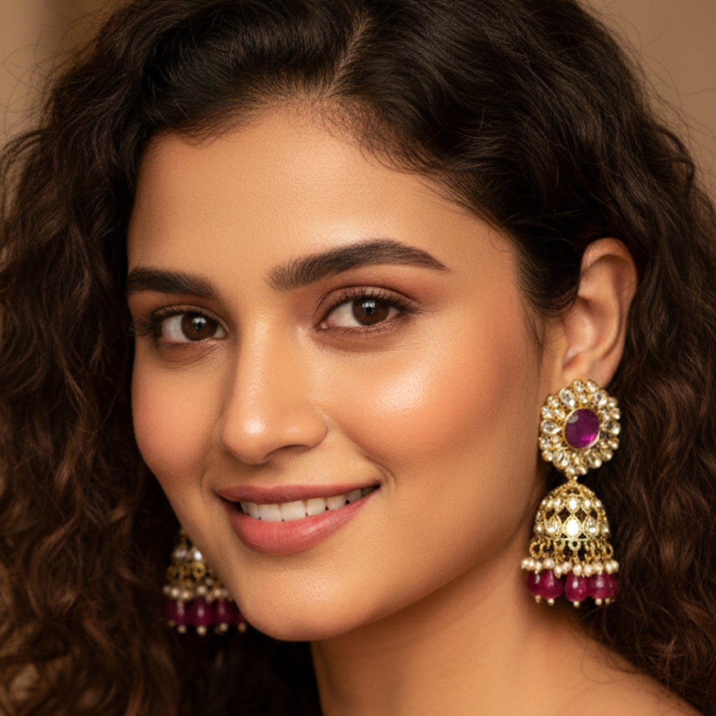 Magenta Kundan Floral Jaali Jhumki