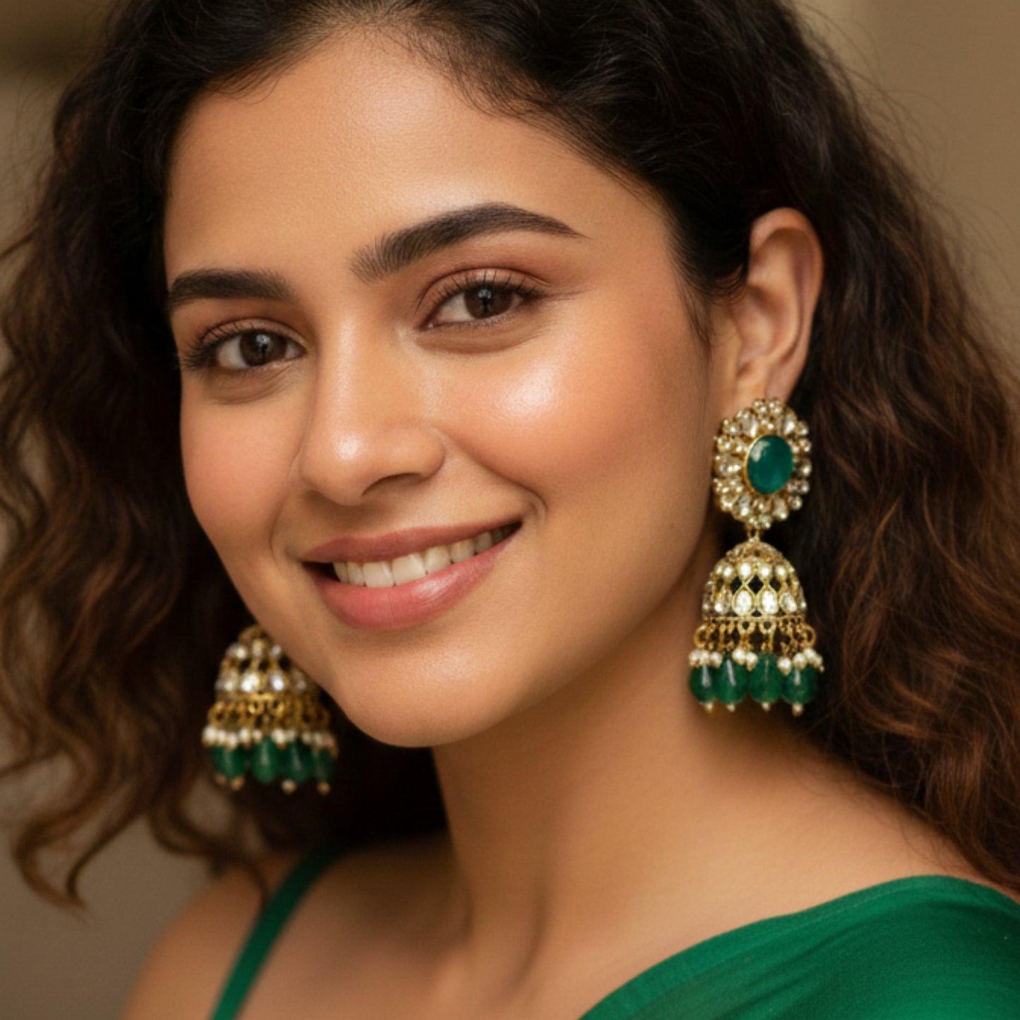 Bottle Green Kundan Floral Jaali Jhumki