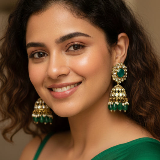 Bottle Green Kundan Floral Jaali Jhumki