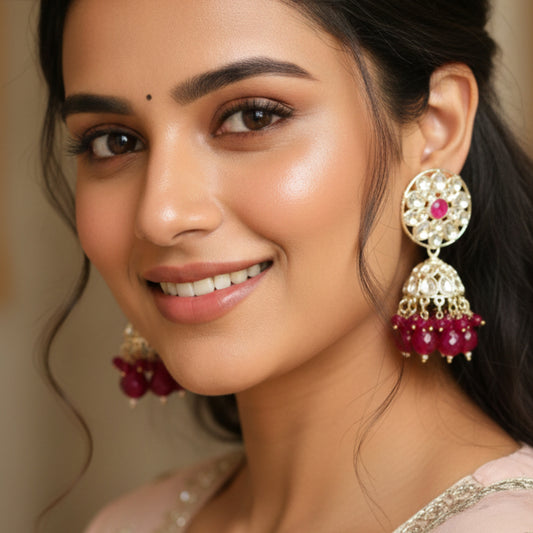 Rani Pink Floral Kundan Jhumki