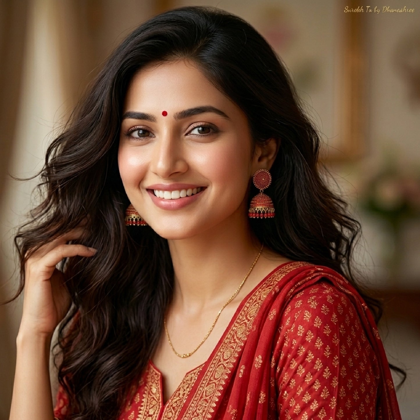 Red Golden Toned Disc Jhumki