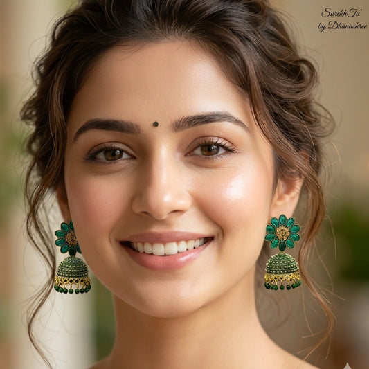 Bottle Green Floral Top Dome Jhumki