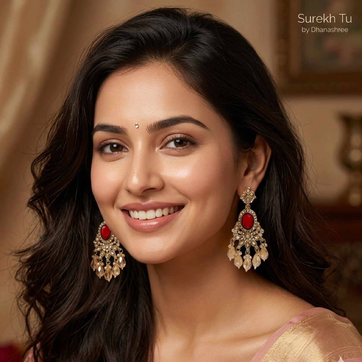 Red Kundan Oval Shaped Dangler