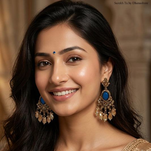 Royal Blue Kundan Oval shaped Dangler