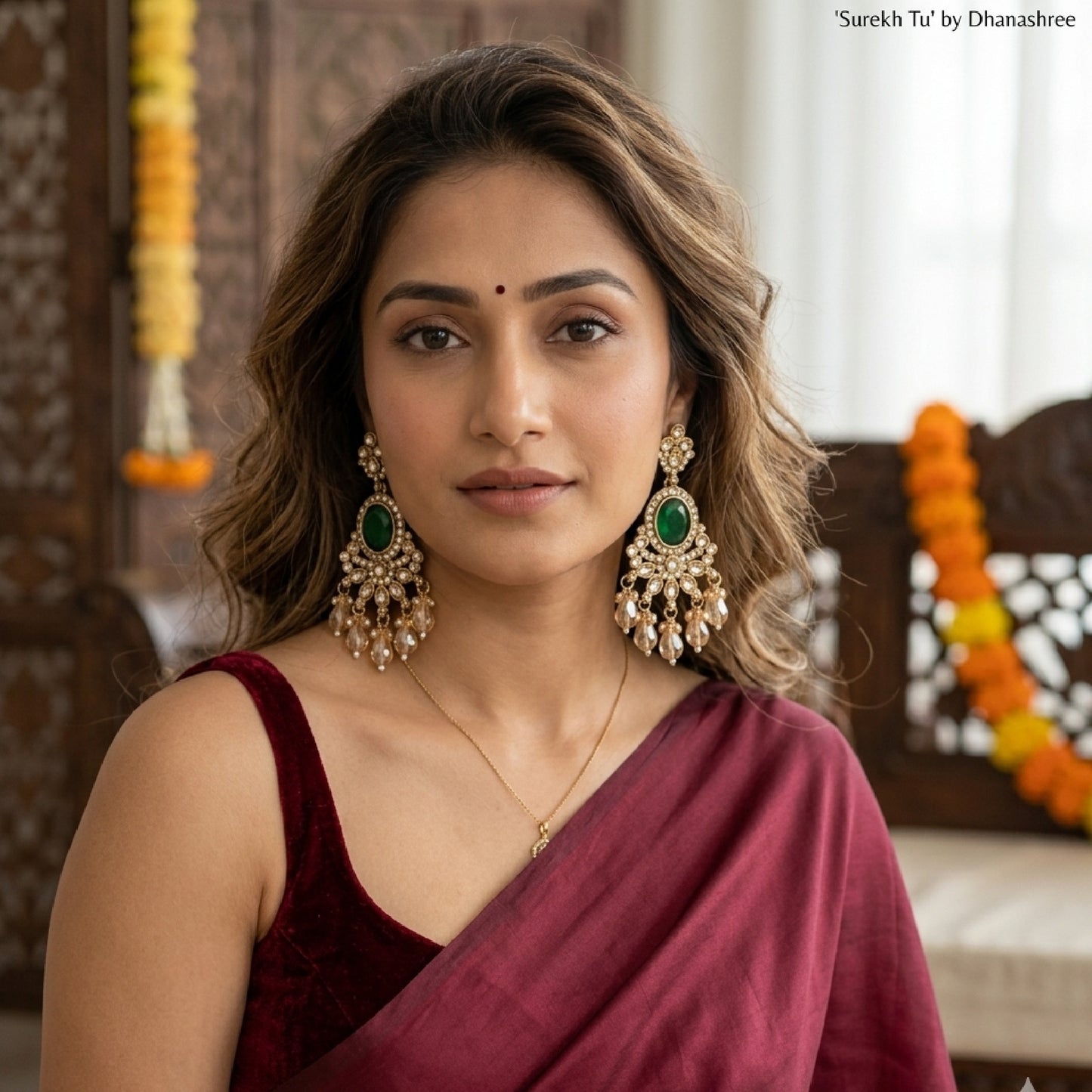 Bottle Green Kundan Oval Shaped Dangler