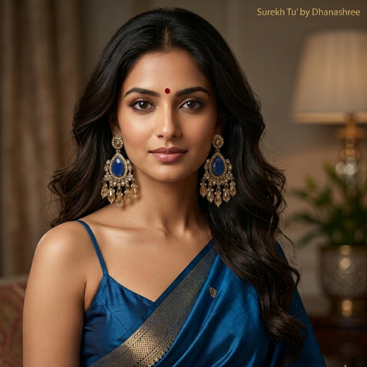 Royal Blue Kundan Leaf Shaped Dangler