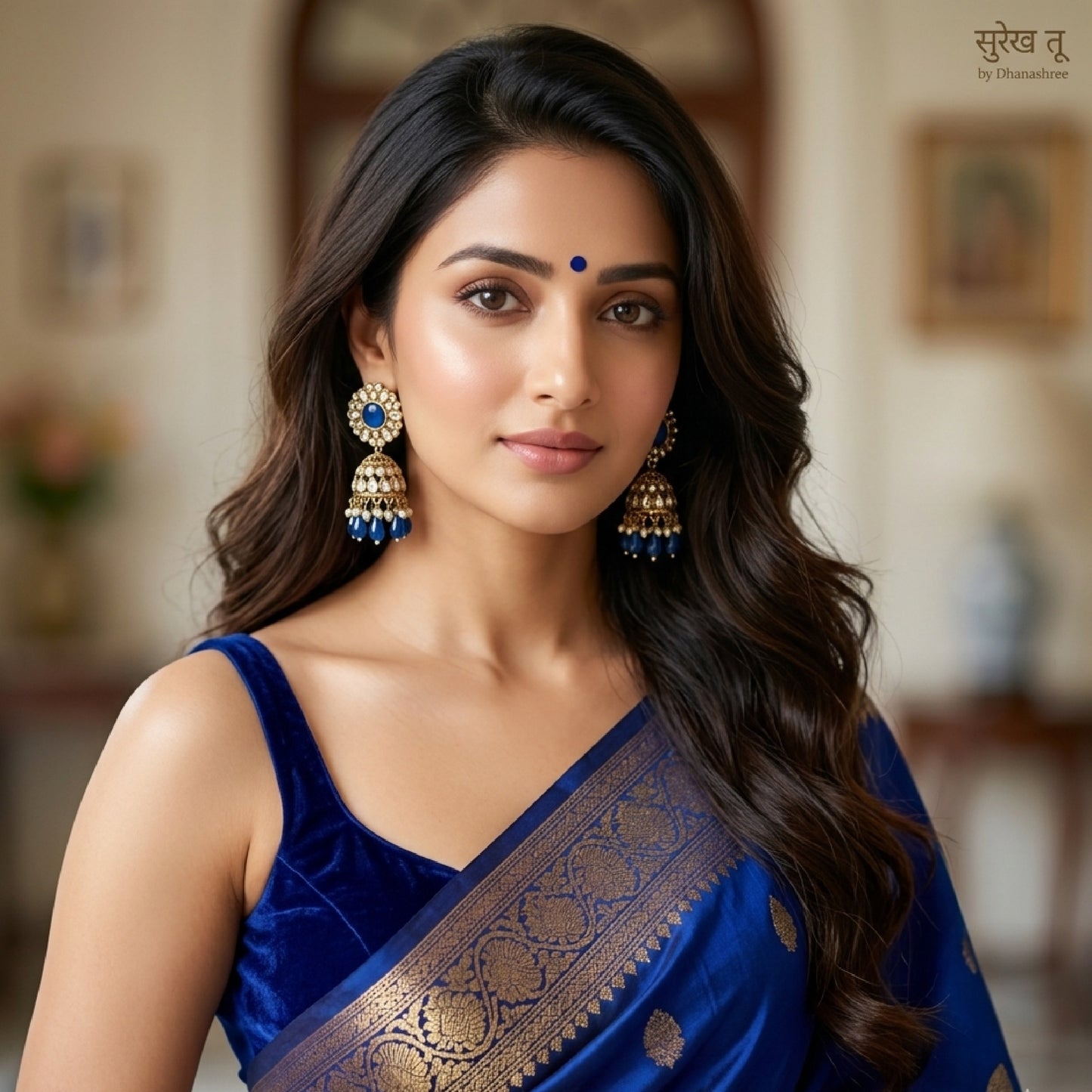Royal Blue Kundan Floral Jaali Jhumki