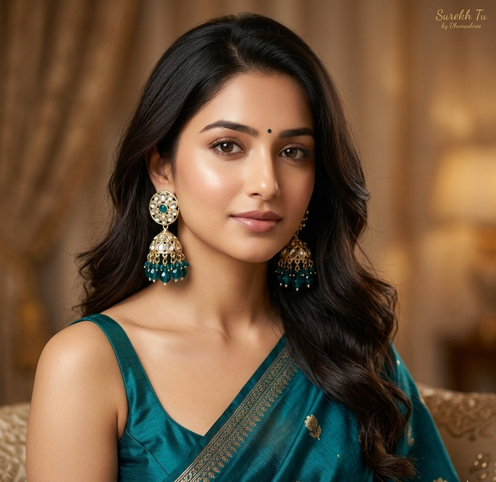 Turquoise Blue Floral Kundan Jhumki