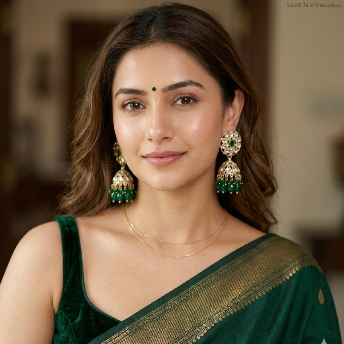 Bottle Green Floral Kundan Jhumki