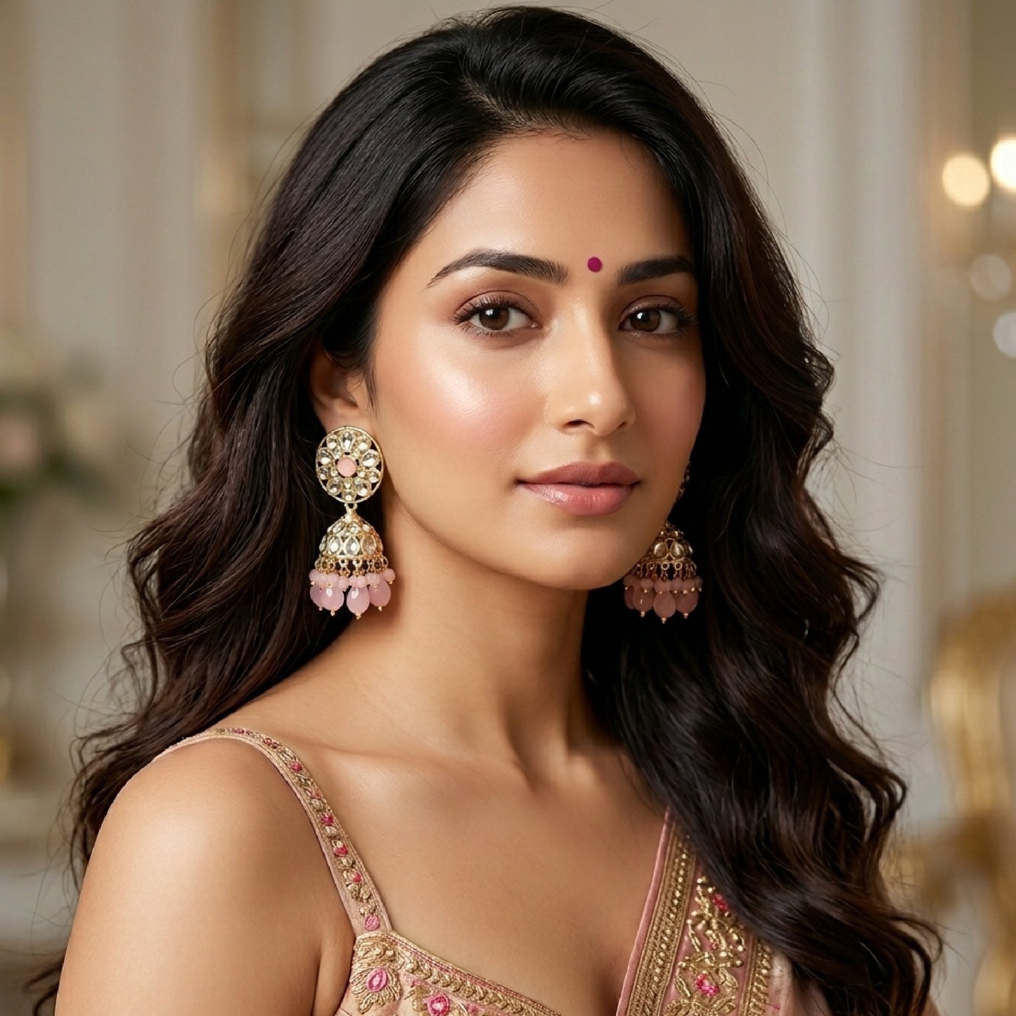 Baby Pink Floral Kundan Jhumki