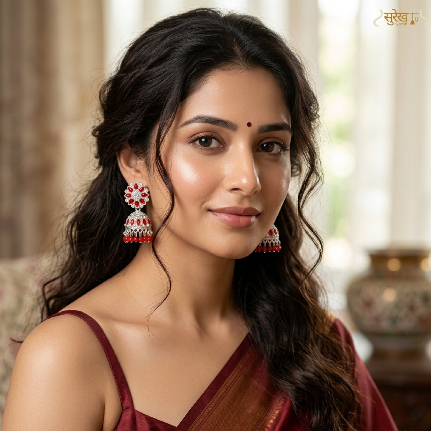 Cherry Red Silver Toned Floral Jhumki