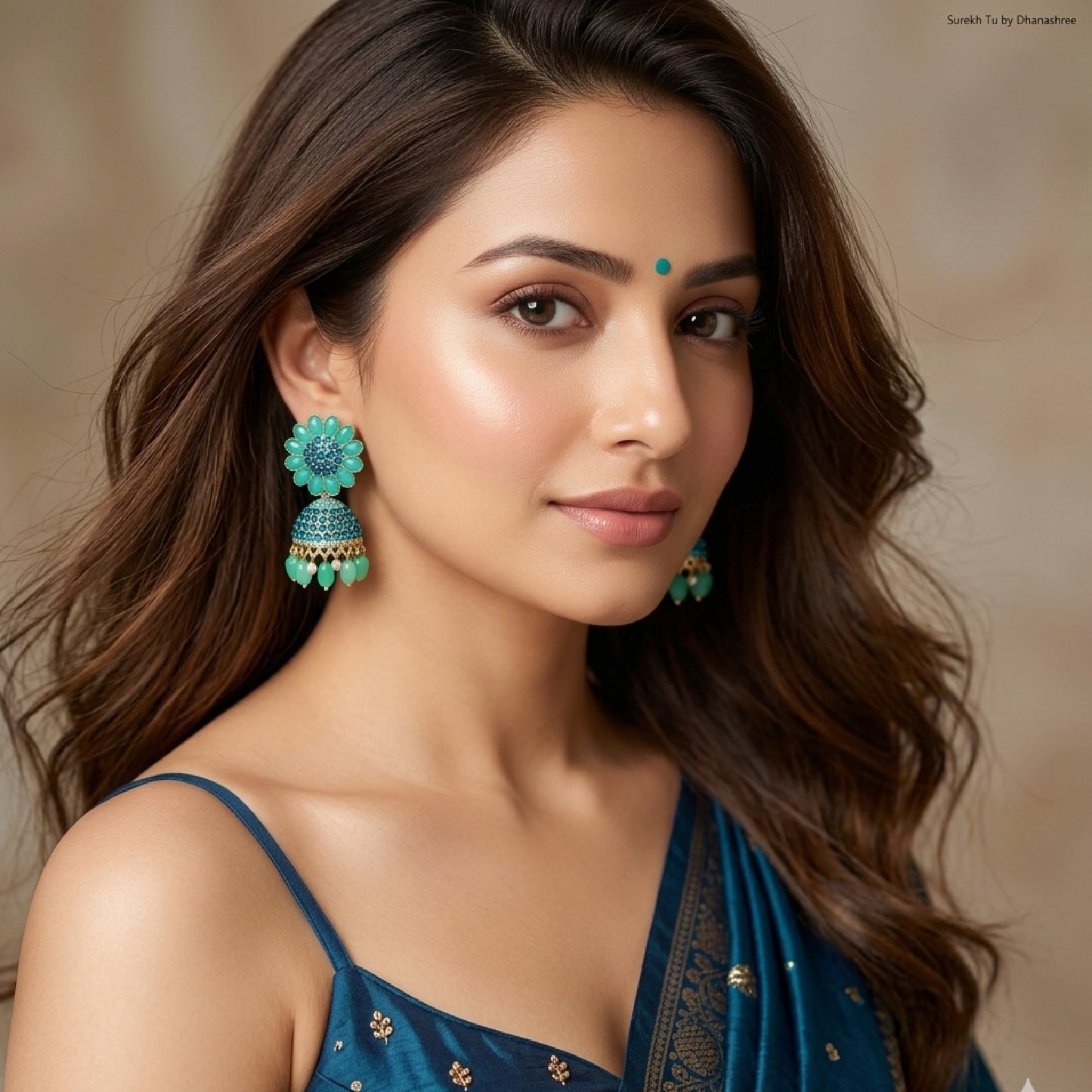 Emerald Green Floral blue stones Jhumki