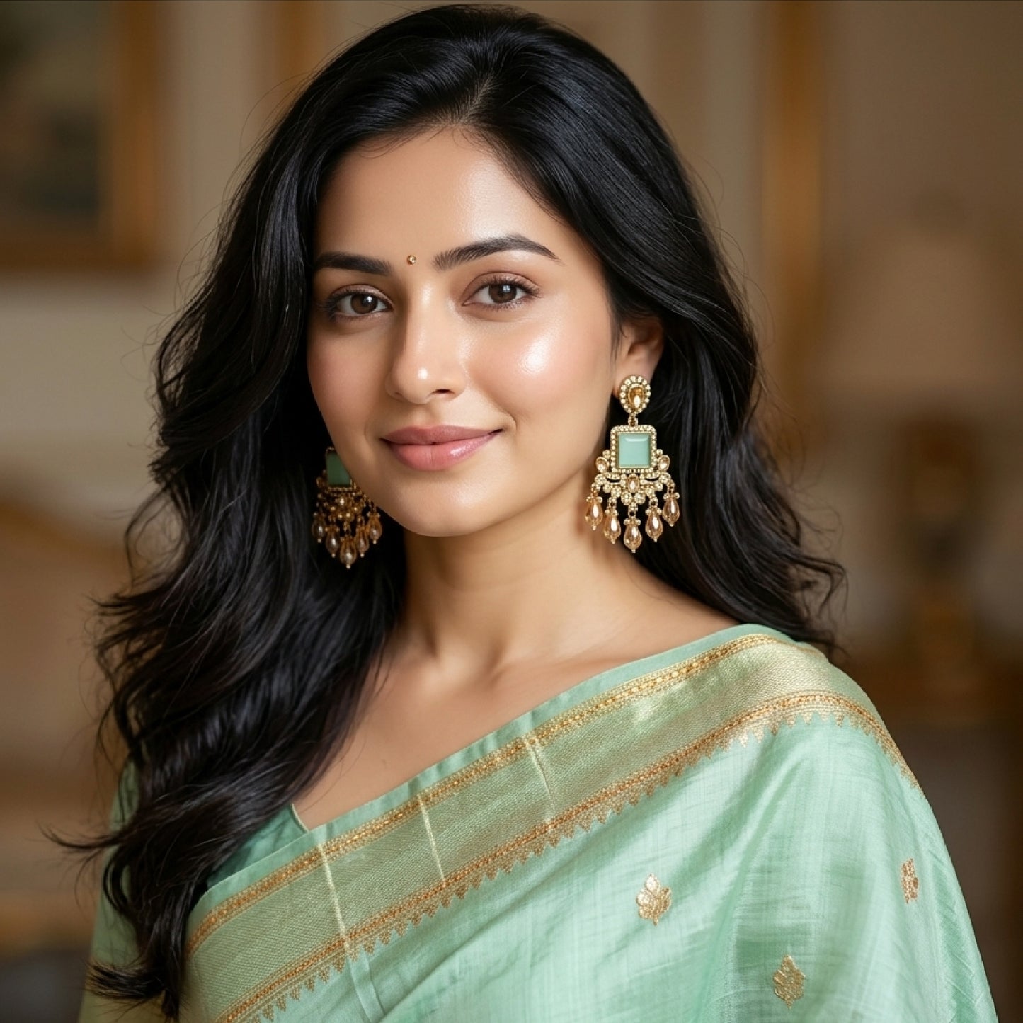 Green Kundan Square Shaped Dangler
