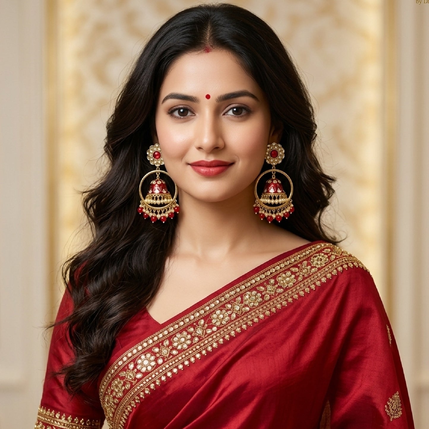 Red Chandbali Kundan Jhumki