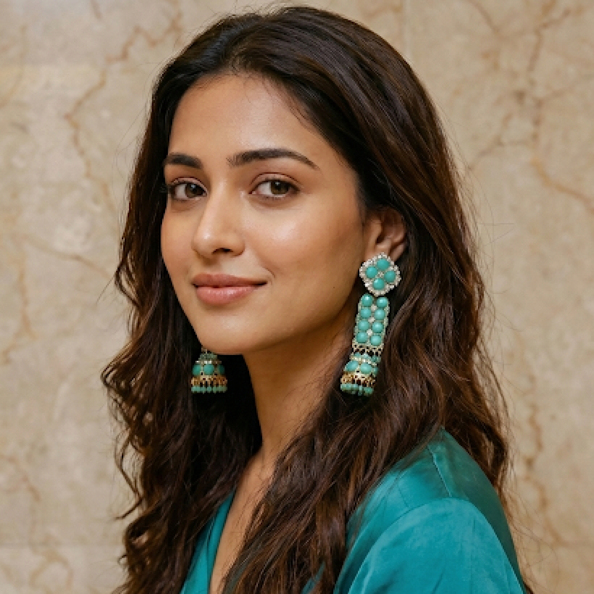 Woman wearing turquoise earrings with a beige background
