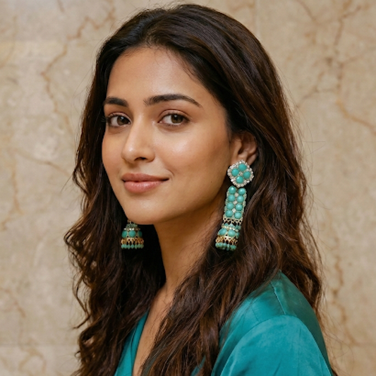 Woman wearing turquoise earrings with a beige background
