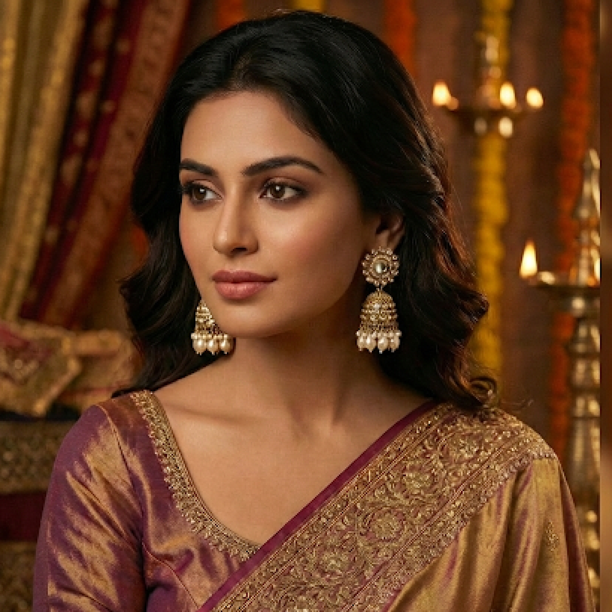 Woman wearing traditional jewelry and a saree in an ornate setting