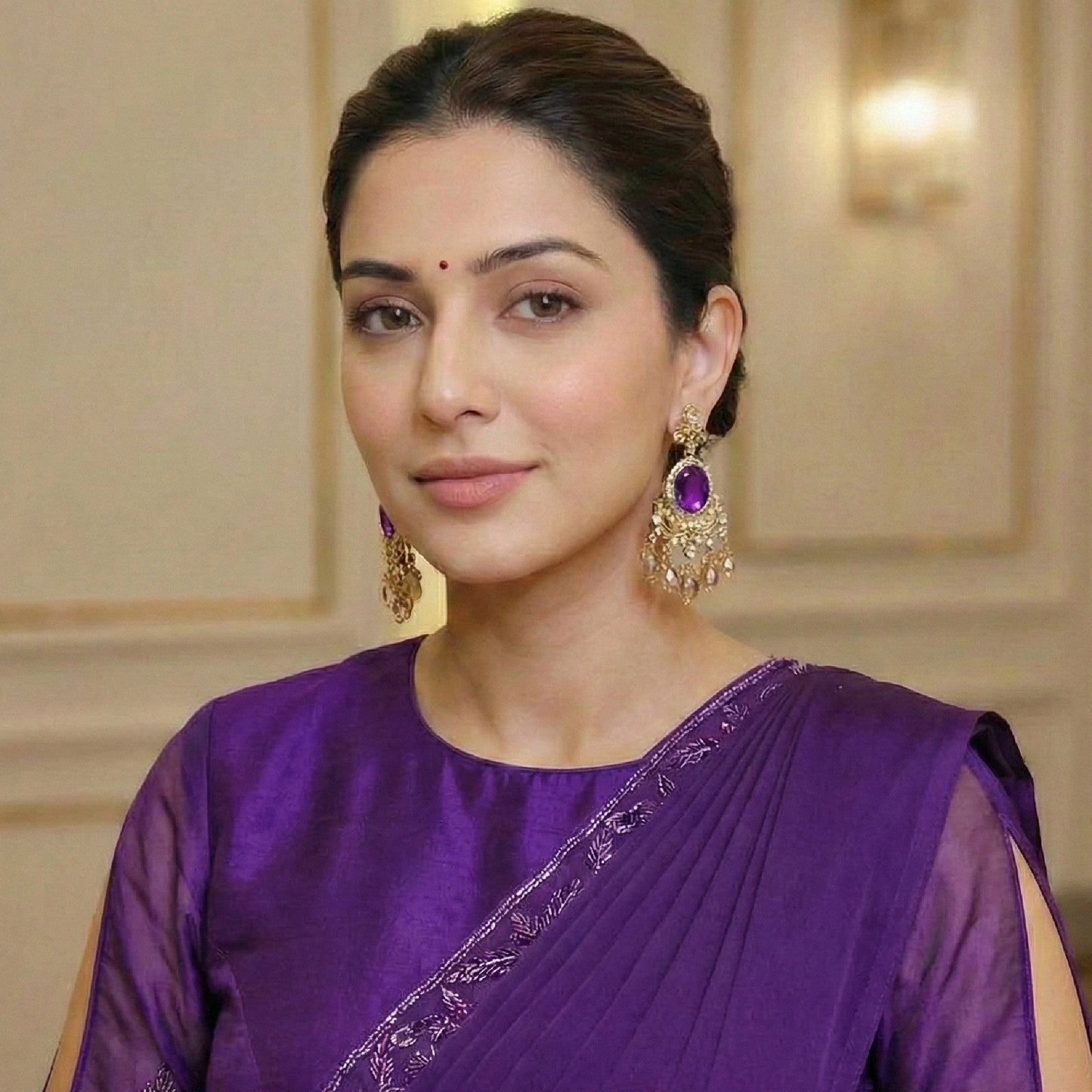 Purple Kundan Small Oval Shaped Dangler