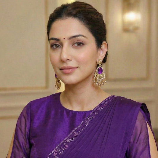 Purple Kundan Small Oval Shaped Dangler