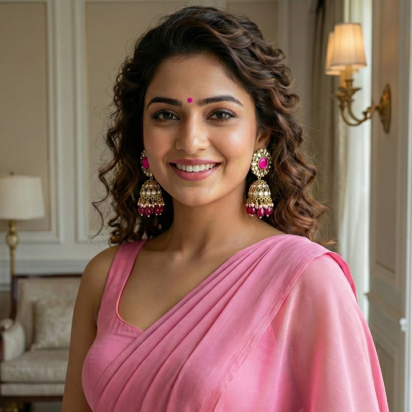 Rani Pink Kundan Floral Jaali Jhumki