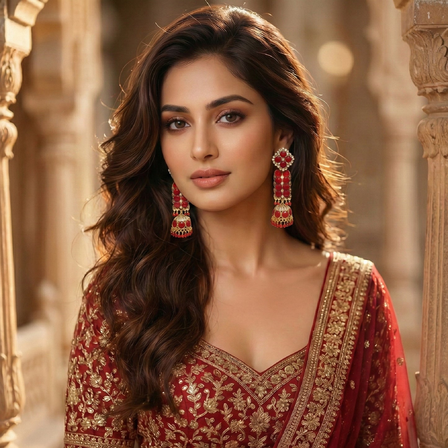 Red Long Stone Jhumki