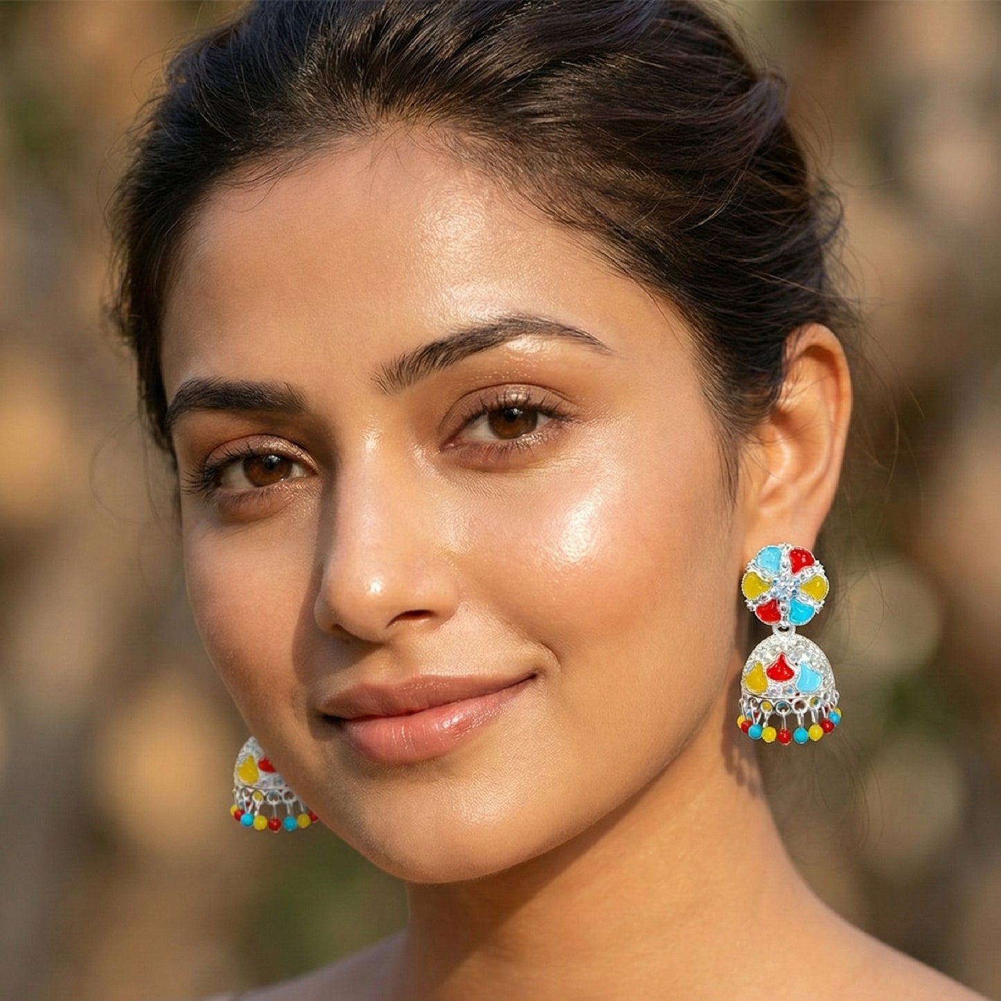 Multicoloured Silver Toned Jhumki Medium
