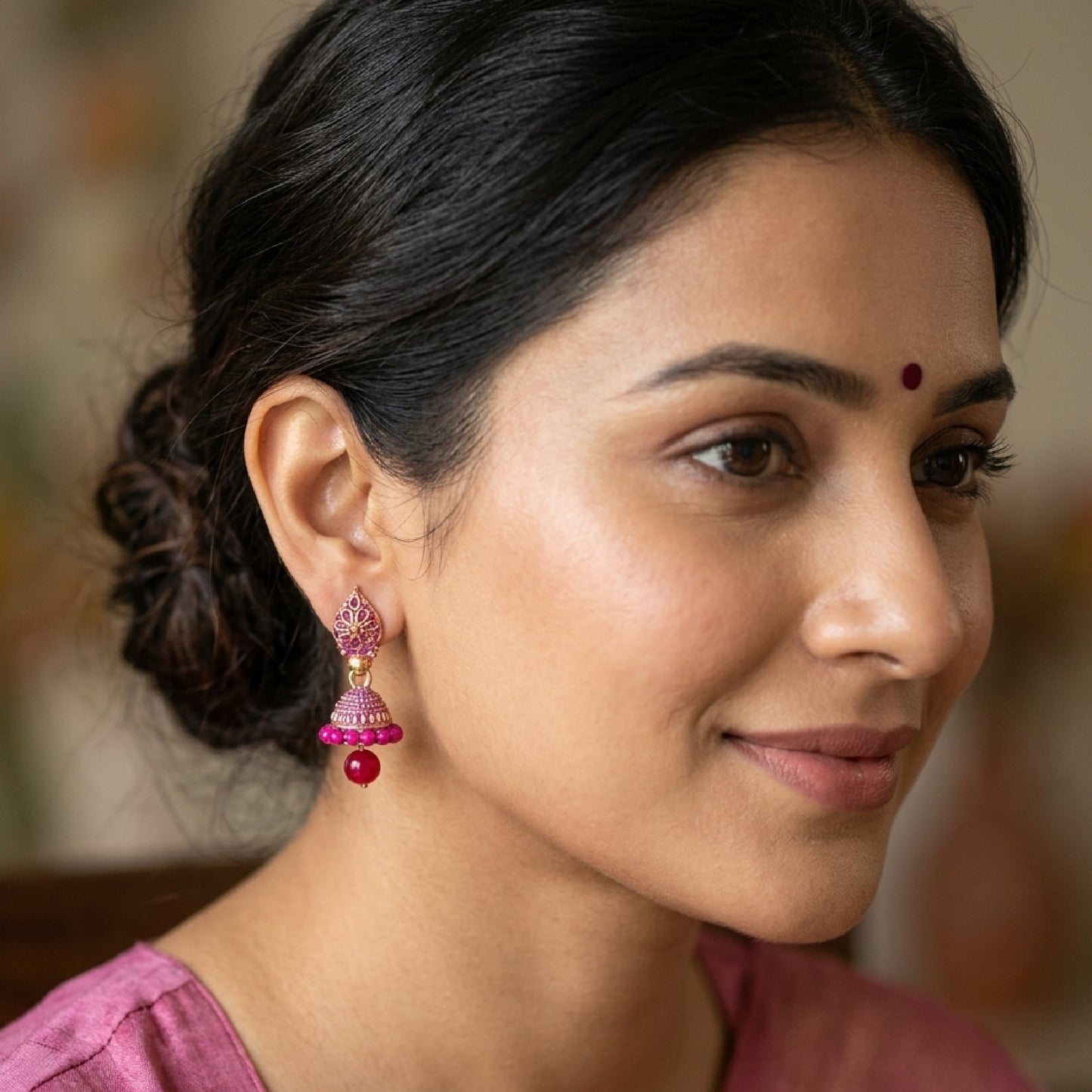 Pink Leaf Shaped Jaali Top Jhumki