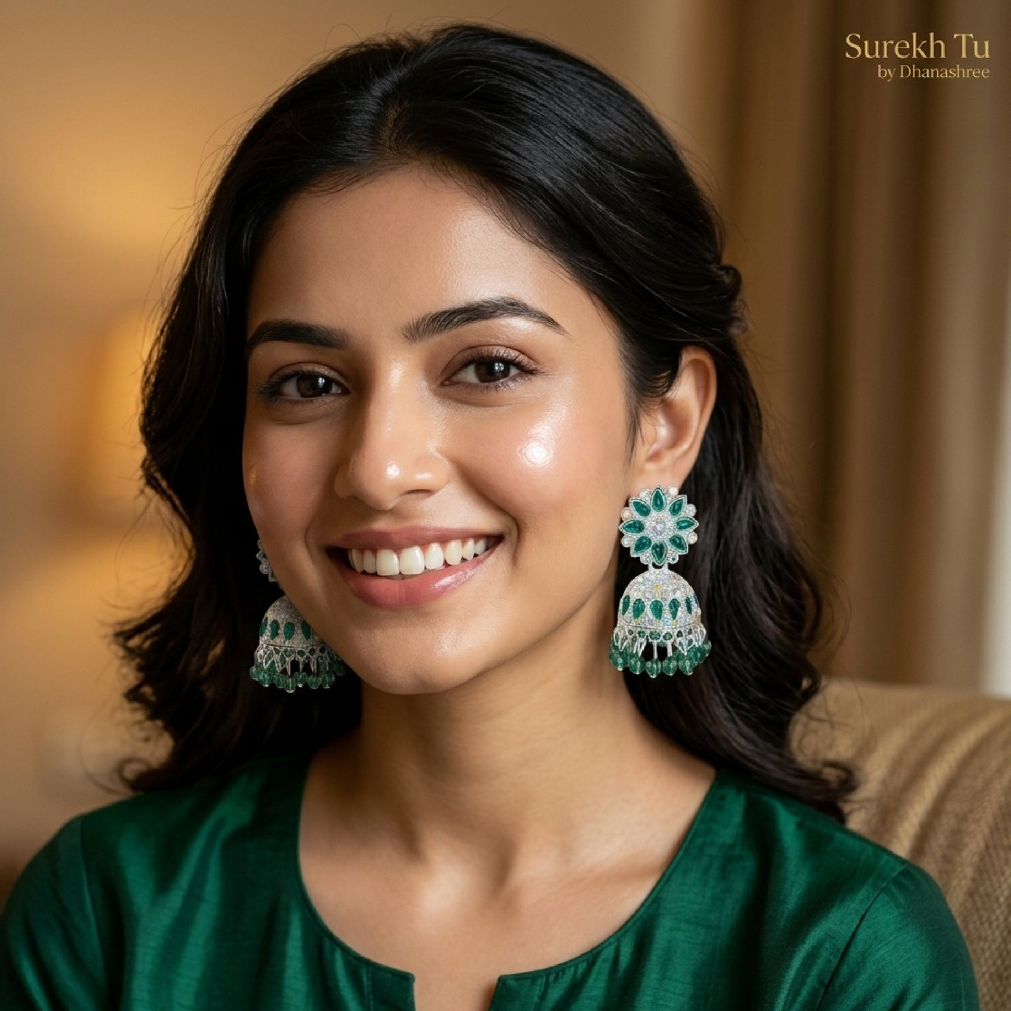 Emerald Green Silver Toned Floral Jhumki