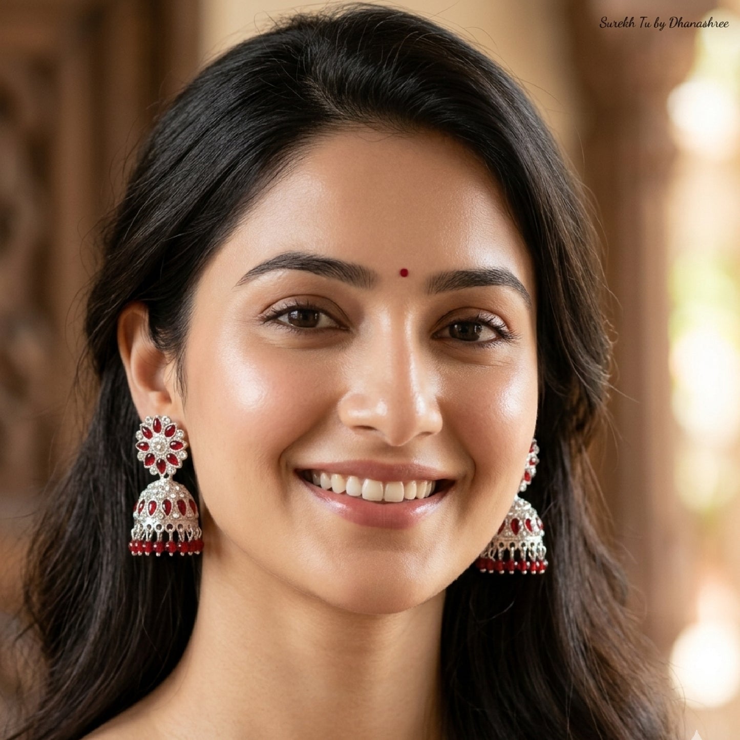 Dark Red Silver Toned Floral Jhumki